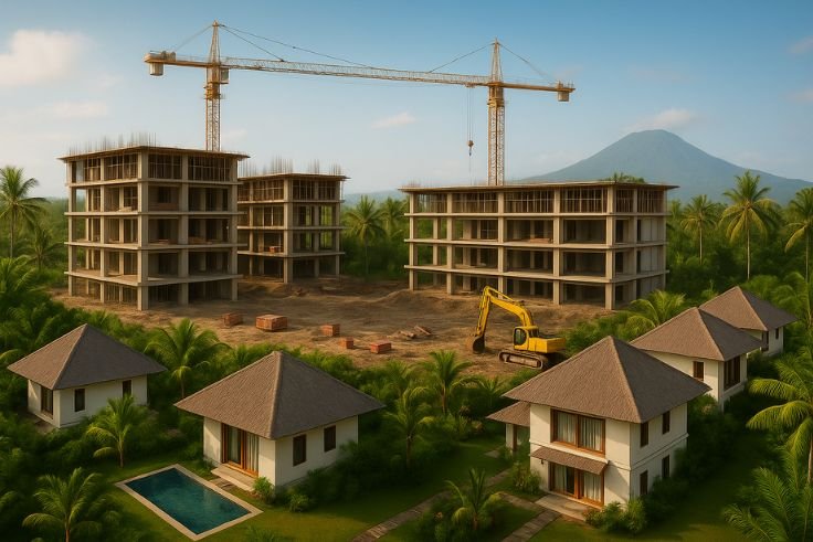 Illustration of low-rise hotel and villa development in Bali’s lush tropical landscape.