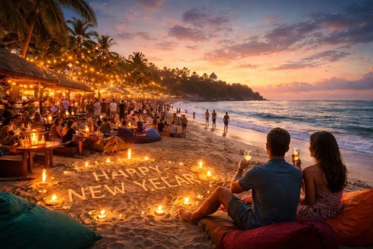 Illustration of New Year’s Eve atmosphere at the beach.