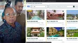 A photo collage of Bali Governor Wayan Koster, along with screenshots of hotels and villas for sale on OLX.